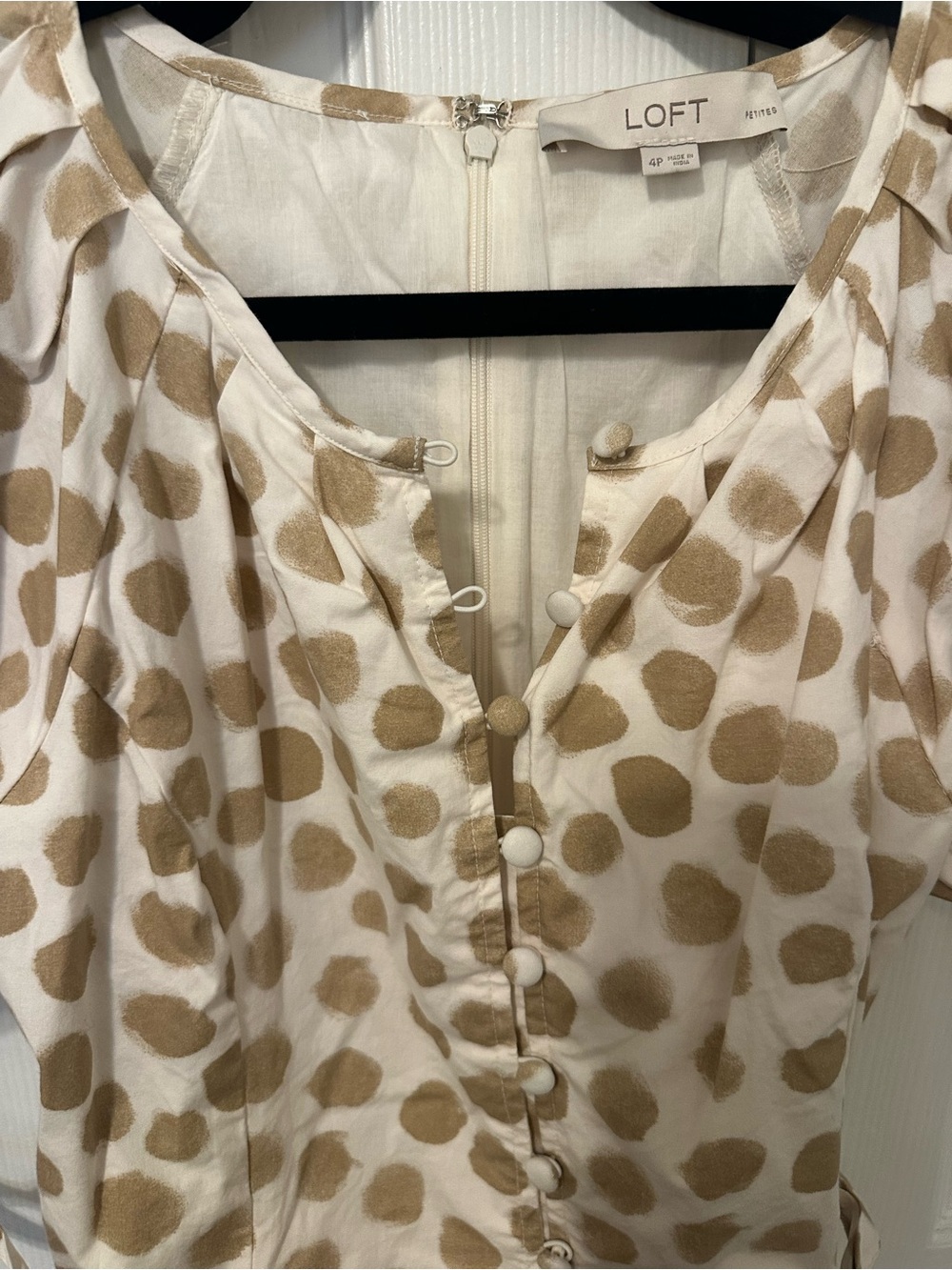 LOFT Cream Dress with Tan Polka Dots and Puff Sleeves, Button-Front - Picture 3 of 4
